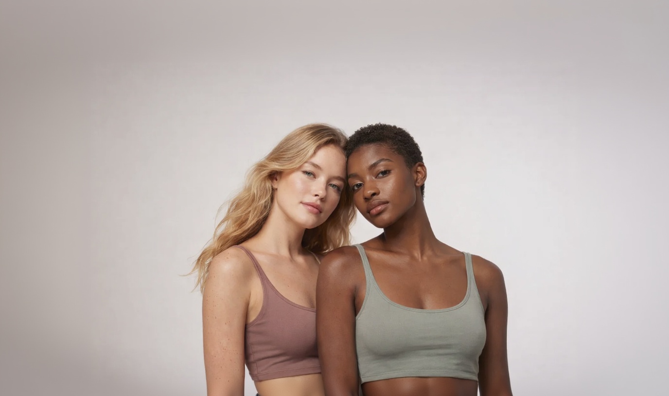 Two women wearing sports bras against a plain background