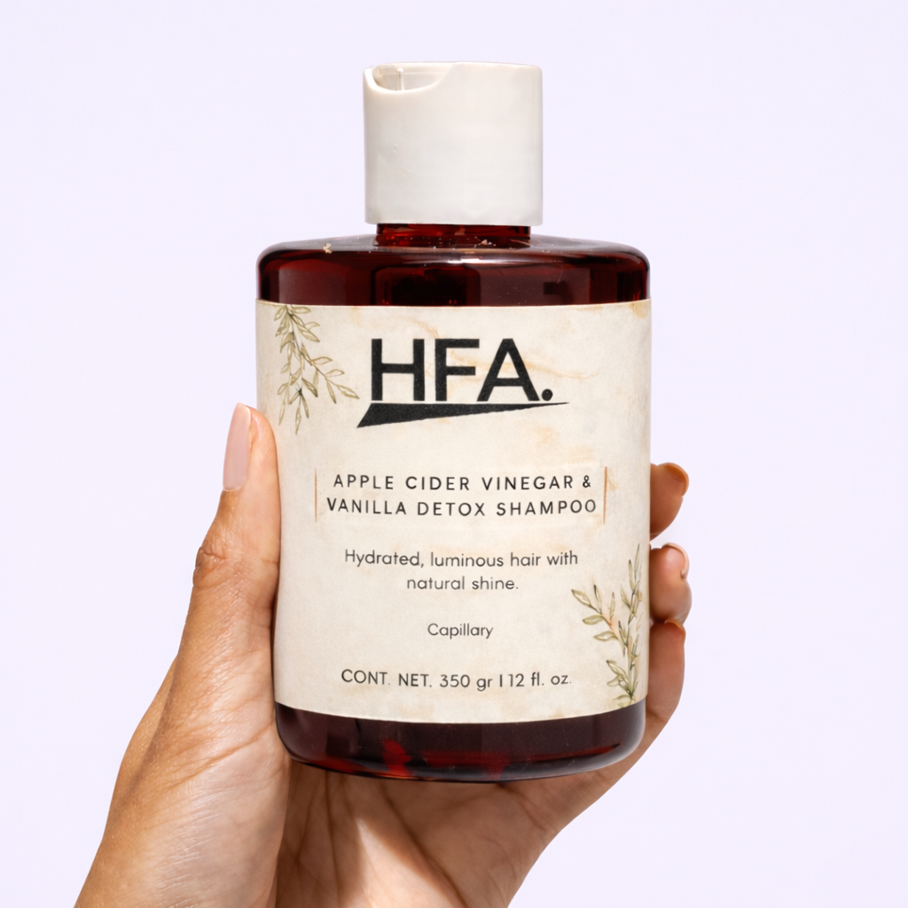 Hand holding a bottle of HFA Apple Cider Vinegar & Vanilla Detox Shampoo against a light purple background